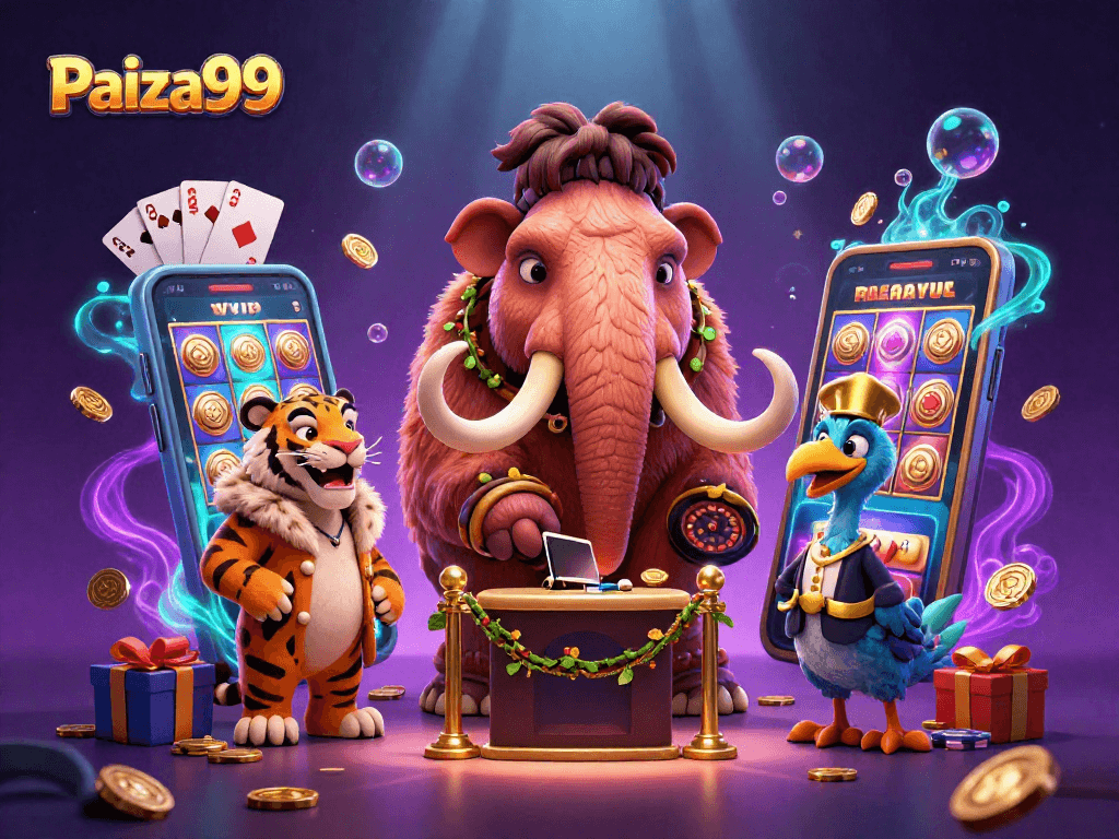 Experience luxury at Paiza99 with a vibrant casino scene featuring unique animal characters.