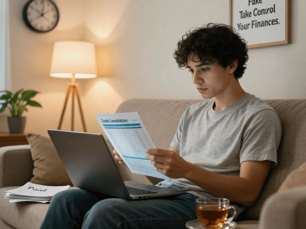 Cozy living room scene illustrating the journey of credit consolidation with a person reviewing finances.