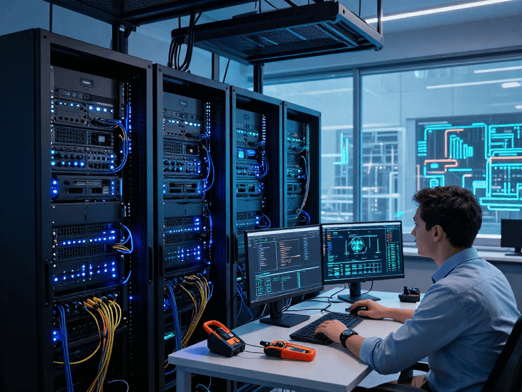 Configuración de servidores VPS en un centro de datos moderno con tecnología avanzada.