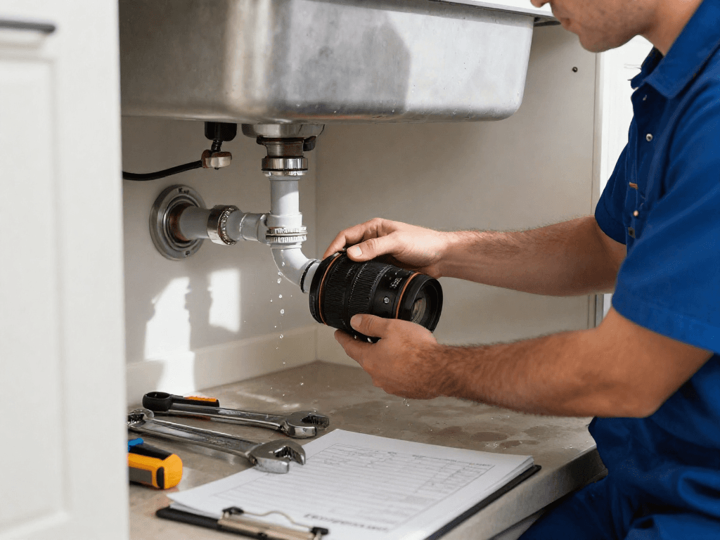 Professional leak repair Fort Worth technician fixing a leaking pipe under a kitchen sink with tools organized nearby.