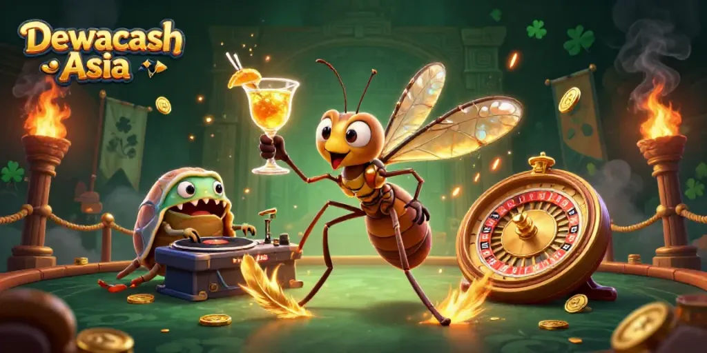 Dewacash Asia showcases a lively 3D cartoon scene with vibrant casino elements and characters.