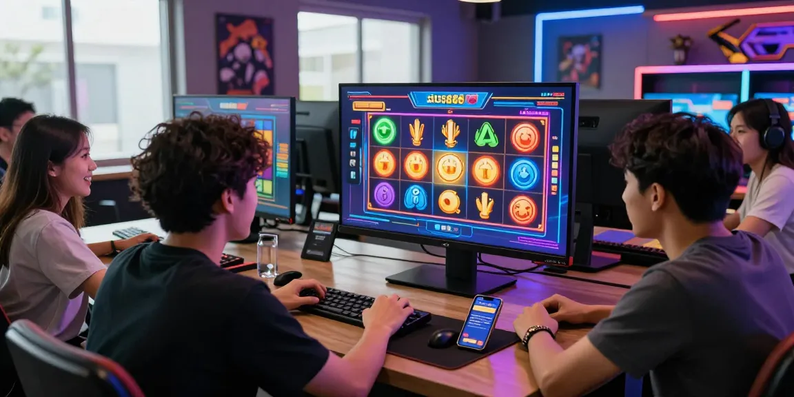 Players enjoying slot games and exploring link situs888 on a vibrant digital interface in a modern gaming room.