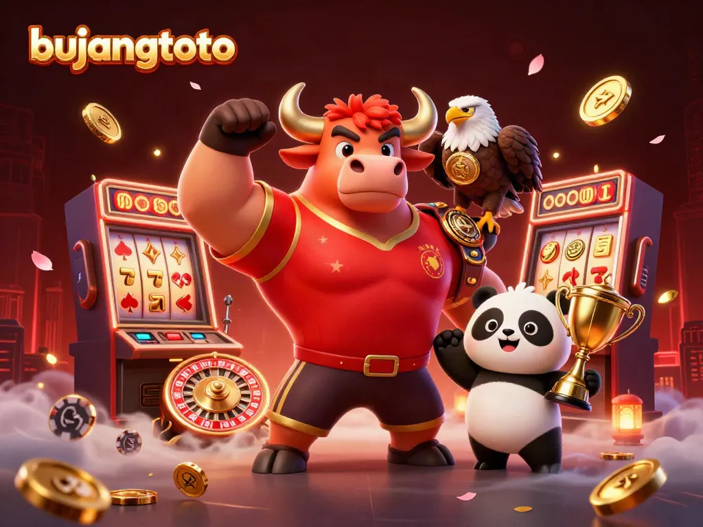 Witness the excitement of bujangtoto with a dynamic 3D casino illustration showcasing vibrant characters and thrilling game elements.