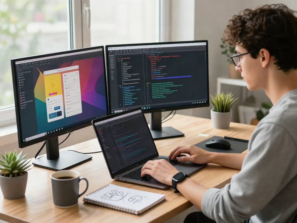 Cocoflix apk developer coding in a modern home office with vibrant displays.