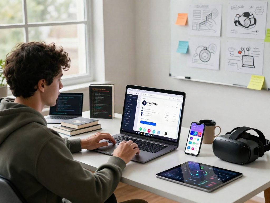 Developer creating the cocoflix apk in a modern workspace with user interface designs and coding tools.