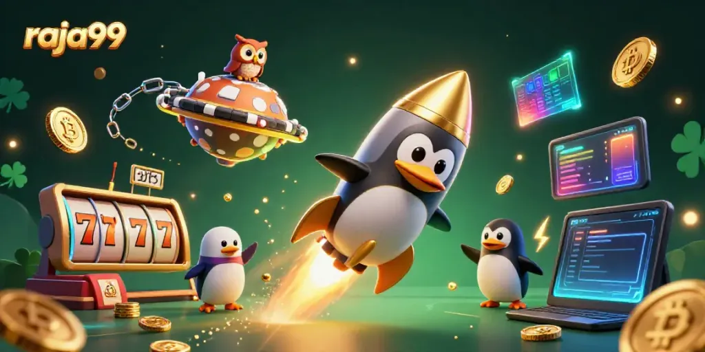 Experience thrilling gameplay at raja99 with a dynamic scene featuring a golden penguin and casino-themed elements.