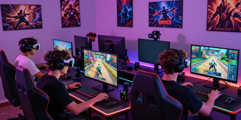 Group of gamers engaged in exciting game online action with vibrant surroundings.