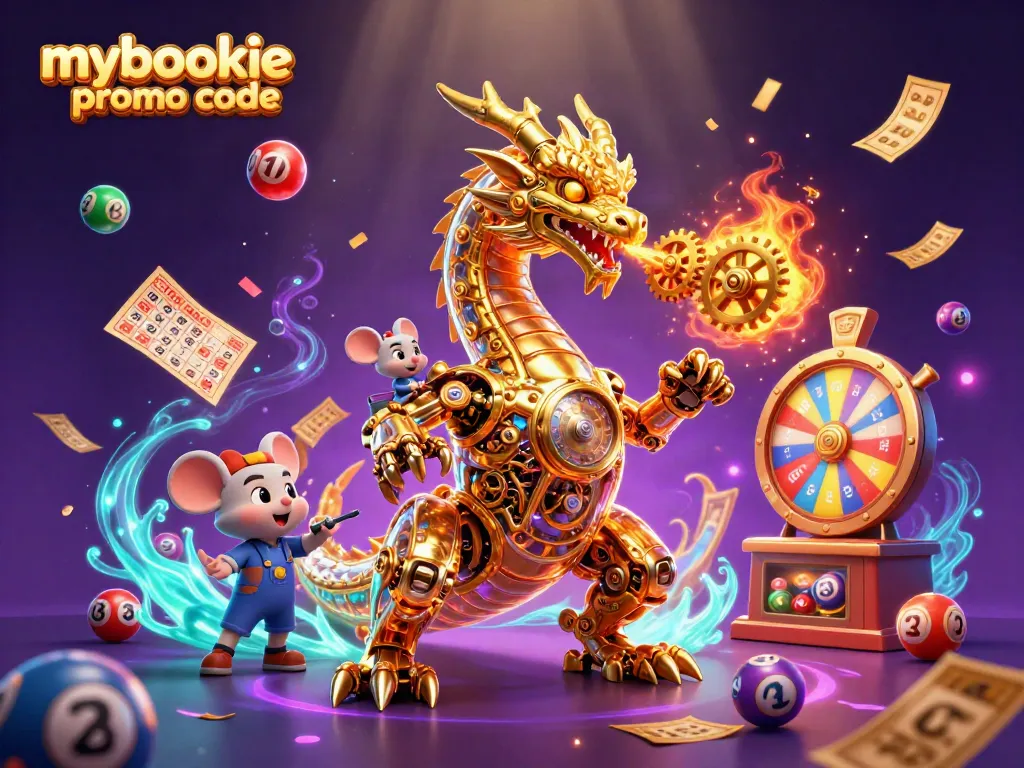 Engage with MyBookie promo code opportunities in an exhilarating casino scene featuring a golden dragon.