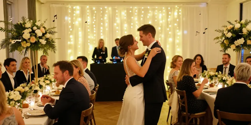 Celebration of a happy couple dancing at a wedding with DJ in Berlin-Brandenburg