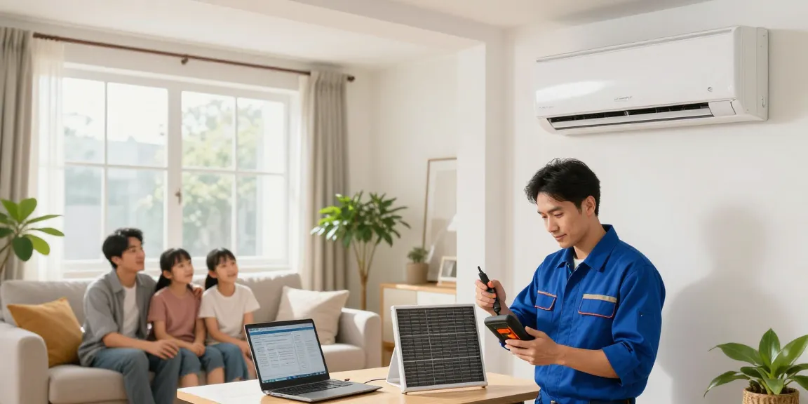 Expert technician performing Split AC repair in a bright living room while family observes.