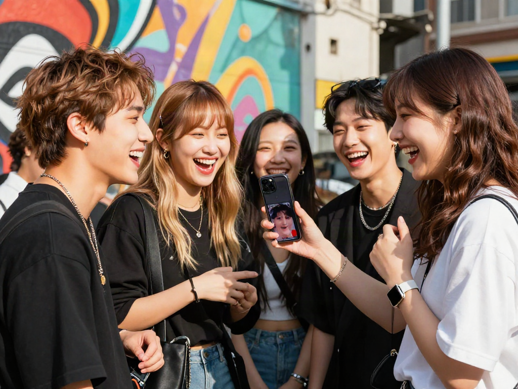 Group of friends enjoying time together, showcasing their celebrity look alike styles while interacting in an urban setting.