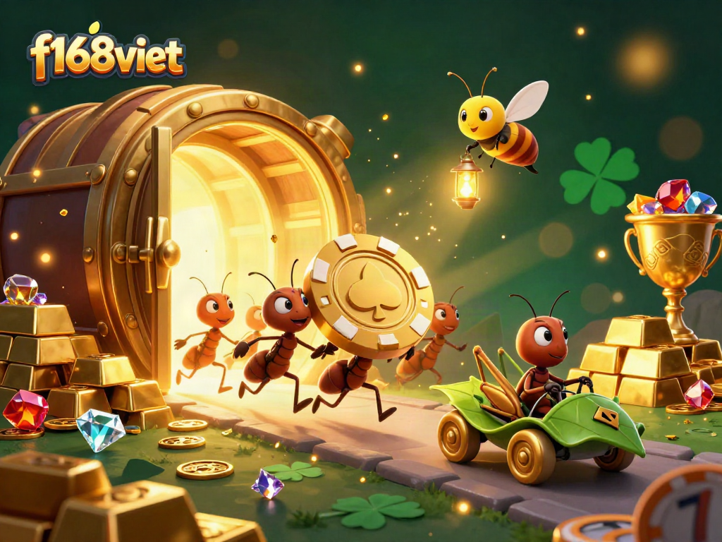f168viet ants executing a heist with golden poker chips and dynamic casino elements