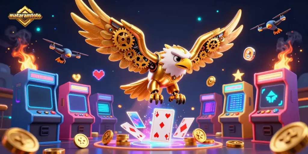 Experience thrilling gameplay with mataramtoto featuring a golden eagle diving through holographic cards in a vibrant casino arcade.
