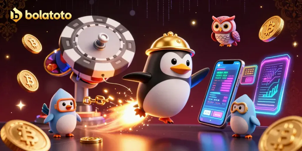 Win with bolatoto: an exciting illustration of a golden penguin in a cosmic casino universe.