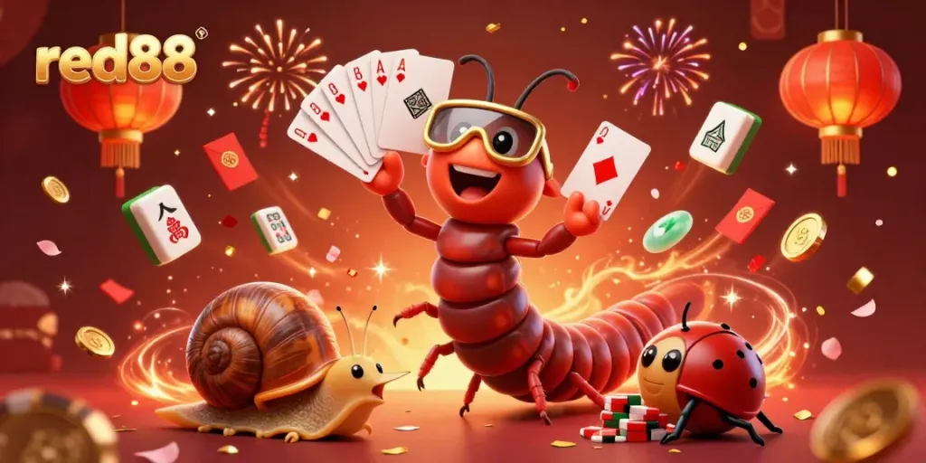 Experience thrilling action with red88 as a cartoon dealer showcases cards among festive elements and vibrant casino atmosphere.