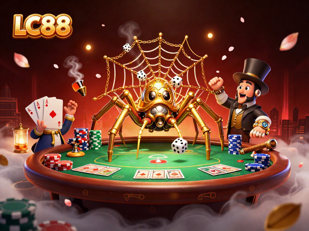 LC88 showcases a playful steampunk spider catching dice in a vibrant casino scene.