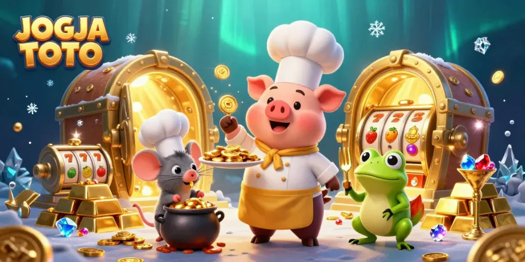 Experience thrilling games at JOGJA TOTO with a cartoon chef pig serving gold coins amidst vibrant slot symbols.