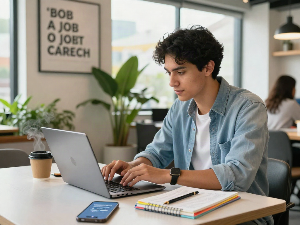 Young professional searching for หางาน at a co-working space, laptop and colorful notepad in focus.