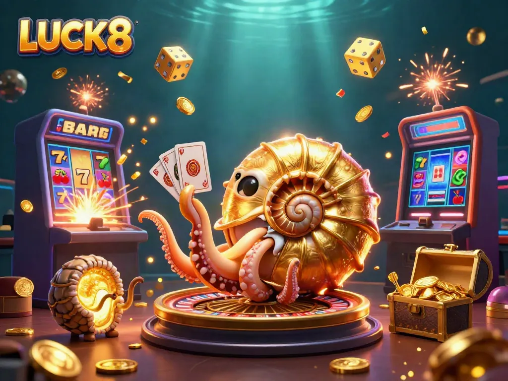 Experience thrilling gameplay with LUCK8 in a vibrant casino scene filled with golden treasures and excitement.