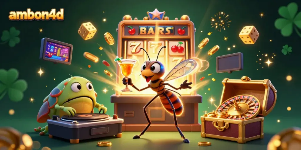 Experience the excitement of ambon4d's casino with vibrant characters, jackpot symbols, and a colorful game lobby.