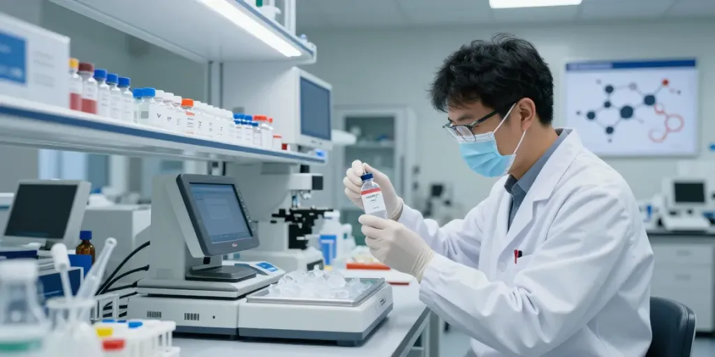 Scientist conducting peptide research with high-purity vials in a laboratory setting.