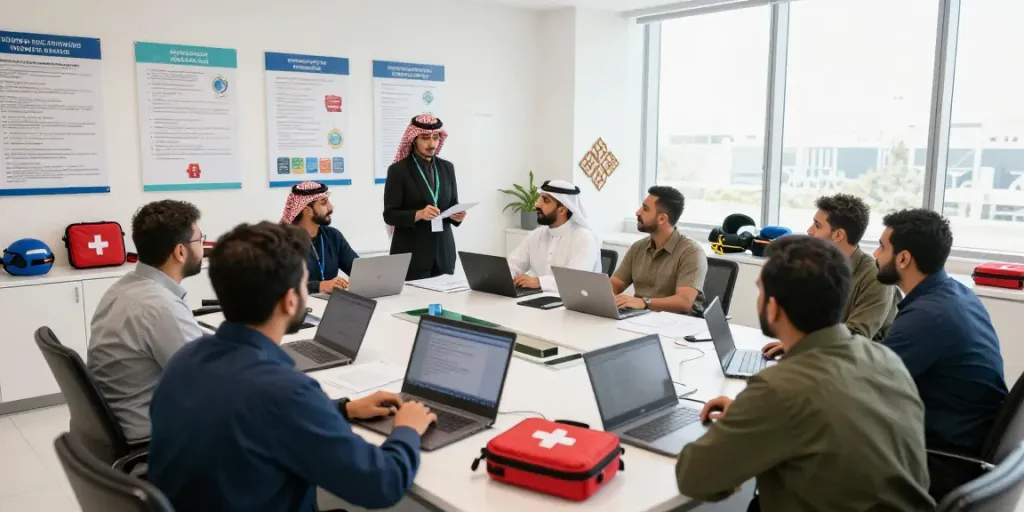 Training Institute Saudi Arabia hosts a diverse group learning health and safety practices in a modern classroom.