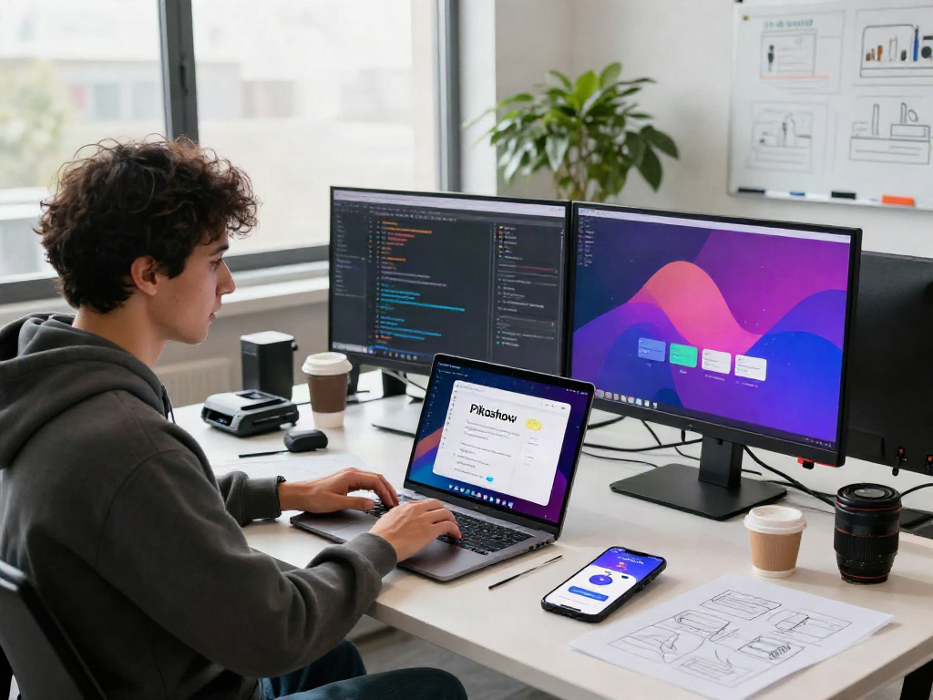 Engaging workspace focused on Pikashow apk download, showcasing a developer at work with app features displayed on screens.