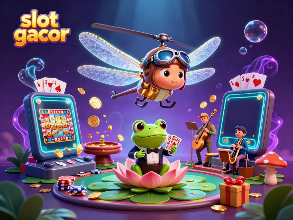 Experience the excitement of slot gacor with vibrant 3D characters and casino elements in an engaging illustration.