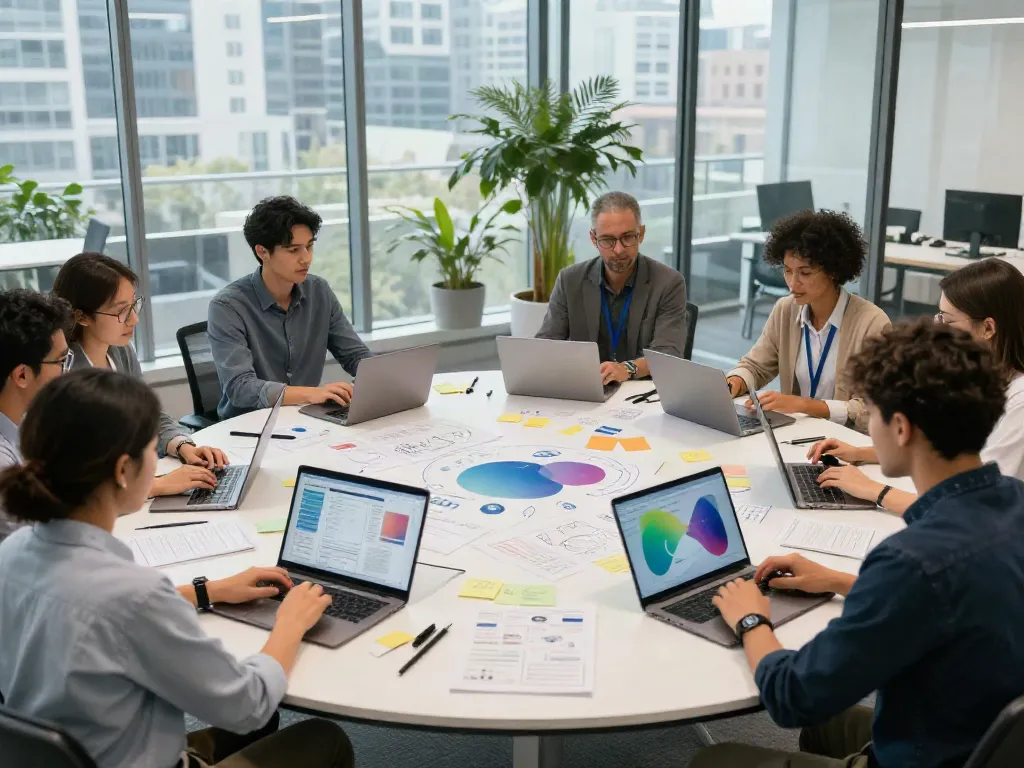 This dynamic workspace showcases a team collaboration on innovative projects.