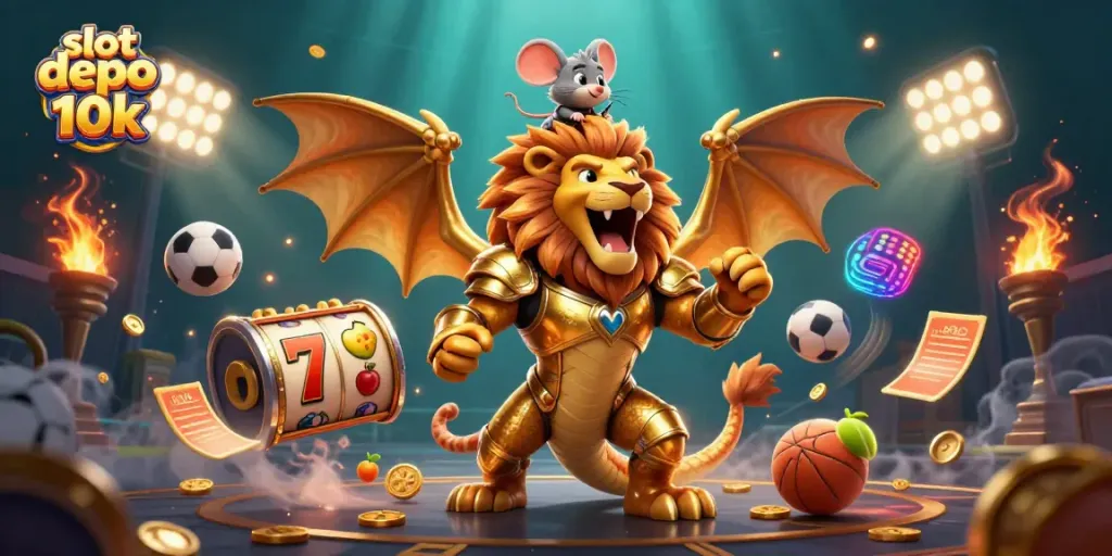 Experience the thrill of slot depo 10k in a vibrant 3D casino scene filled with dynamic gaming elements.