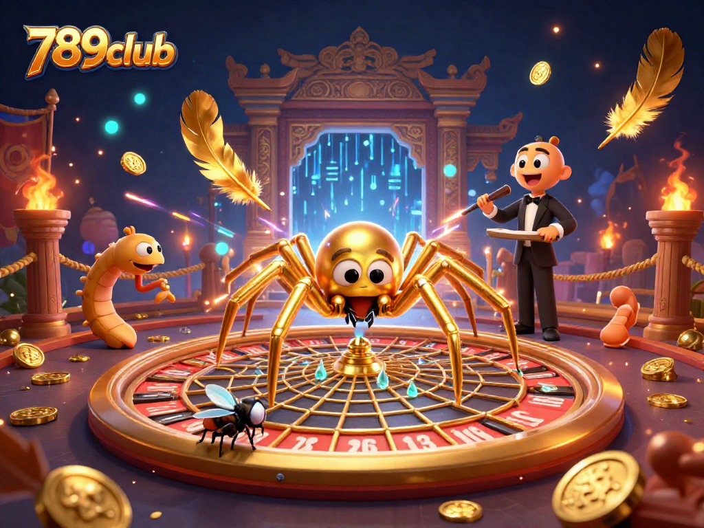 Place your bets with 789club's thrilling roulette, featuring a golden spider in a dynamic casino scene.