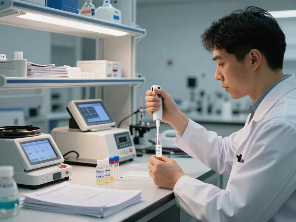 Buy MOTS-c peptide in a professional laboratory with researchers analyzing samples.