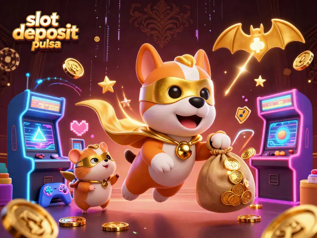 Engage in thrilling fun at slot deposit pulsa with a vibrant 3D casino scene featuring characters and gaming elements.