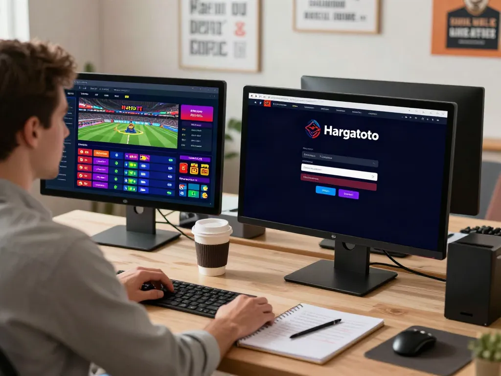 Focused user accessing hargatoto login on a laptop, modern workspace ambiance.