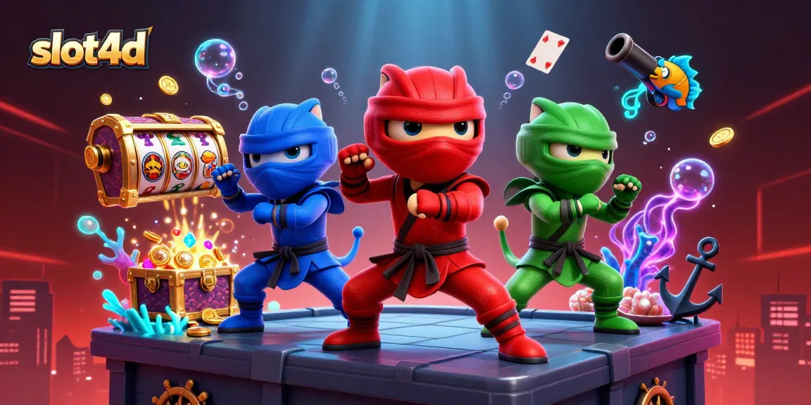 Experience the exciting world of slot4d gaming with ninja chameleons surrounded by vibrant treasures and casino elements.
