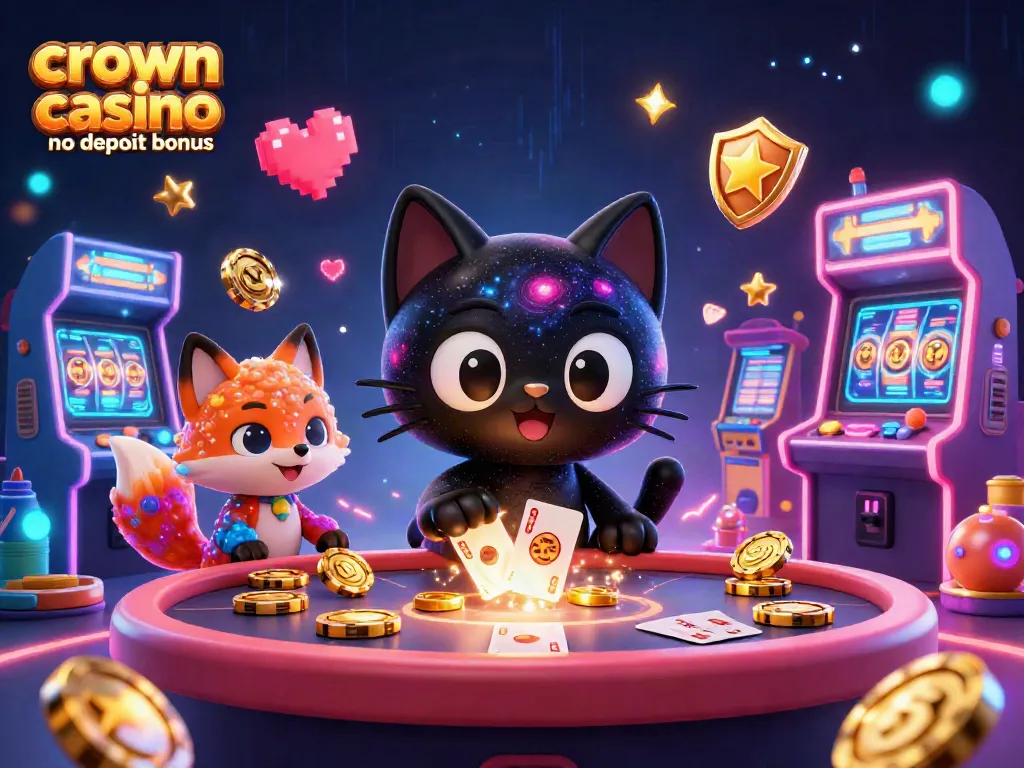 Win at crown coins casino no deposit bonus with a lively scene featuring vibrant gambling characters and arcade elements.