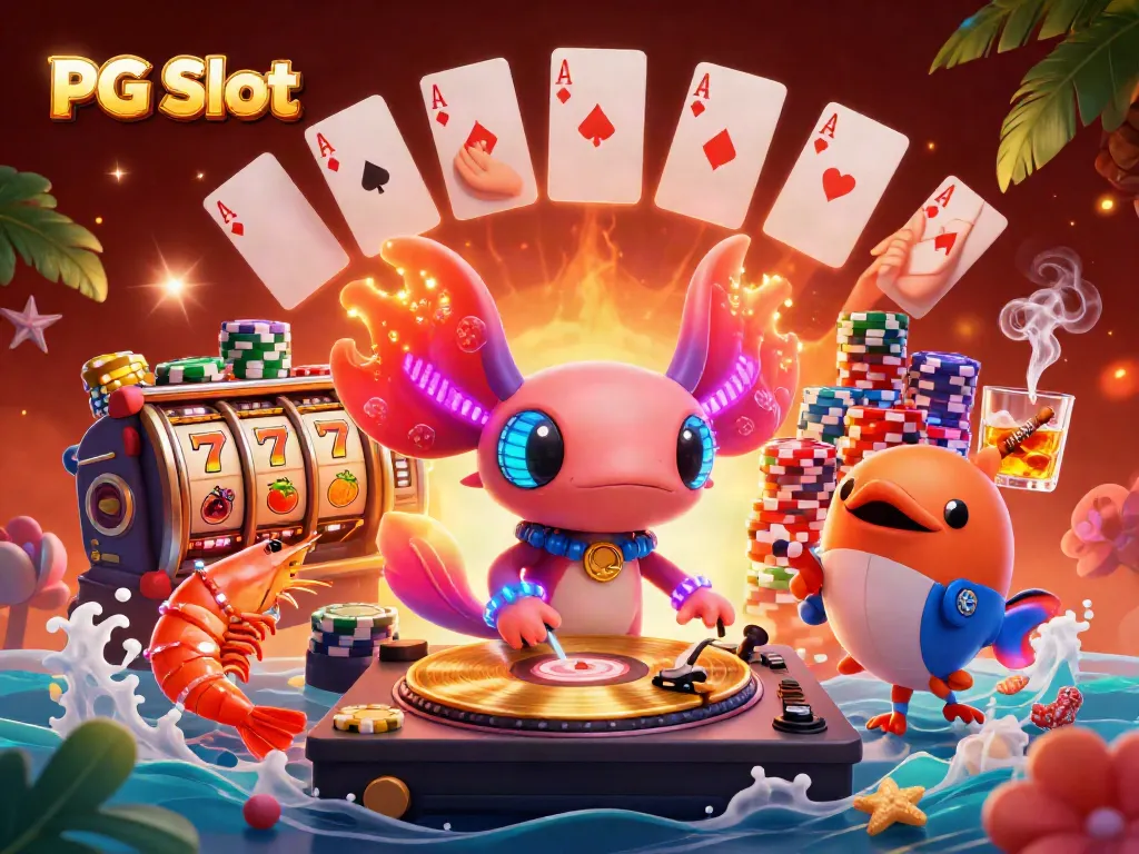Permainan PG Slot menampilkan DJ axolotl neon dengan simbol slot dan dekorasi kasino.