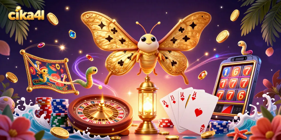 Cika4D showcases dynamic casino energy with vibrant moths, coins, and game elements spinning