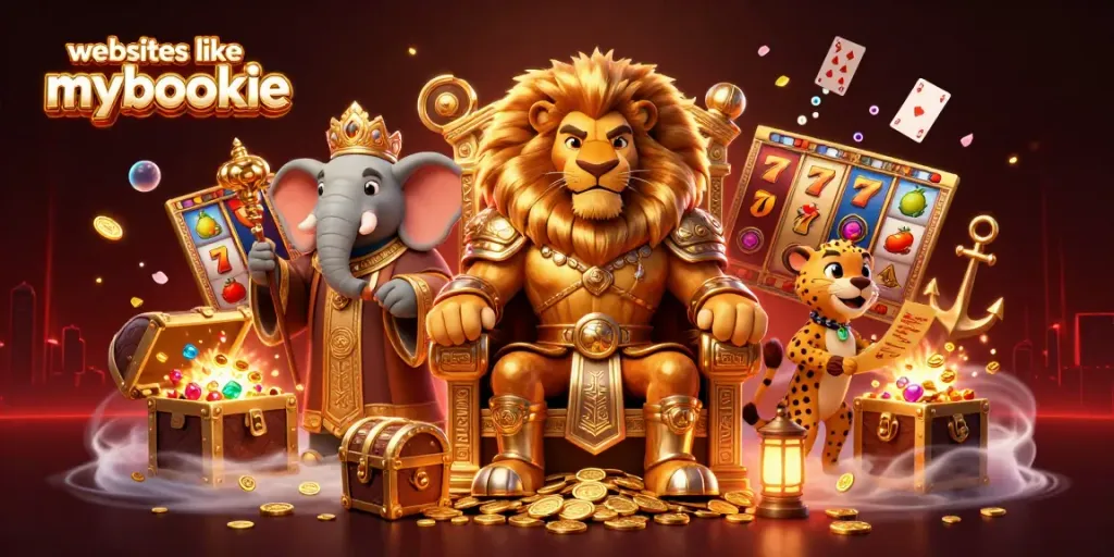 Engage with websites like mybookie through this vibrant 3D casino illustration showcasing diverse gaming elements.