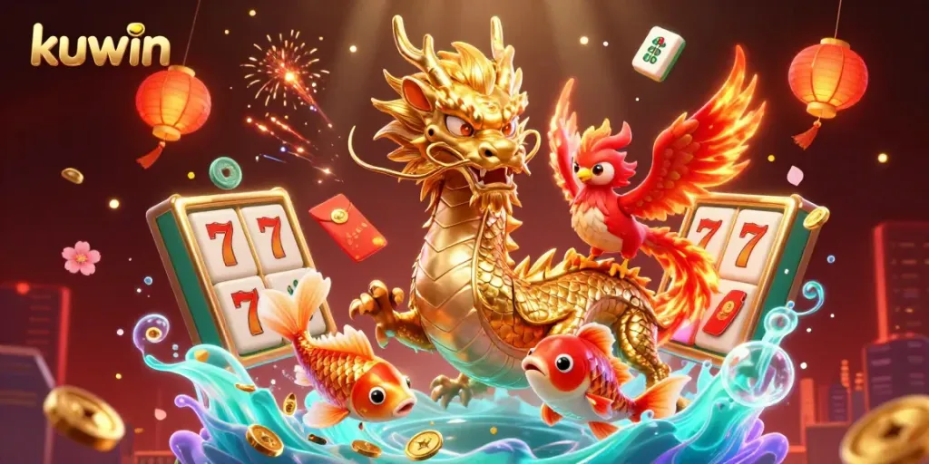 Kuwin online casino illustration featuring a golden dragon and a phoenix celebrating wins amidst slot reels.