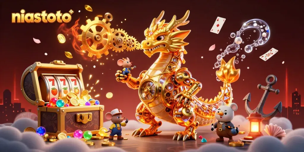 Experience the niastoto platform with a vibrant golden dragon amidst exploding treasures and slot symbols.