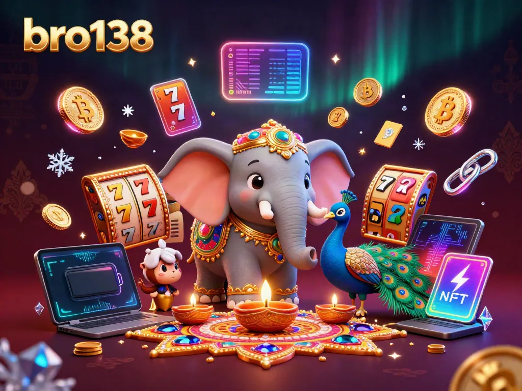 Spin to win with bro138 at this vibrant casino scene featuring a cartoon elephant and peacock among jackpots.