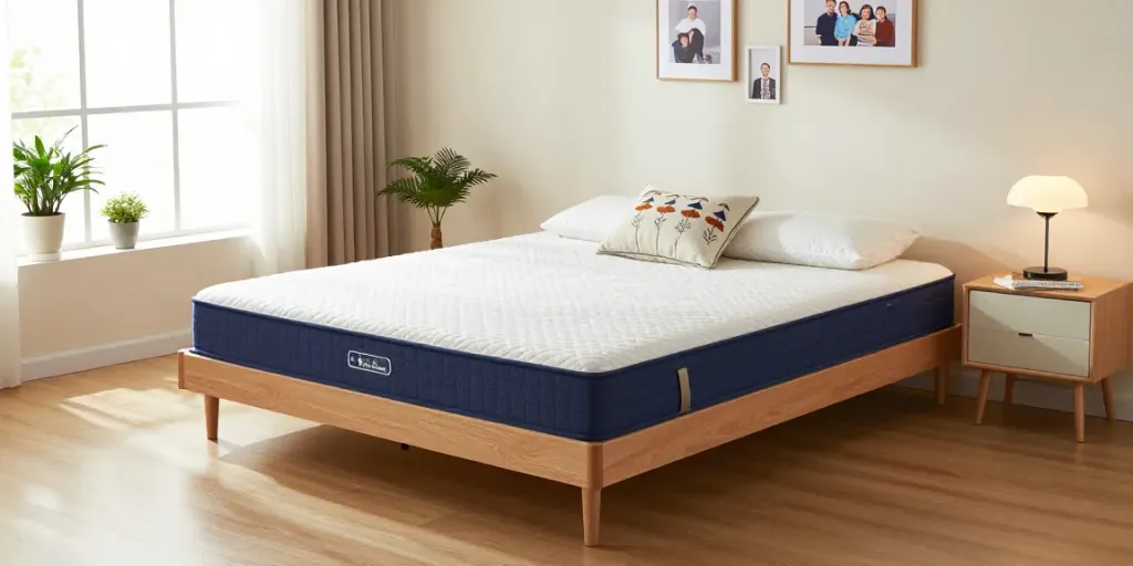 A cozy guest bedroom showcasing a folding bed with mattress, decorative pillows, and natural light.