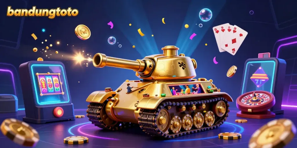 Experience the excitement of gaming at bandungtoto with a massive beetle tank casino illustration filled with games and vibrant elements.