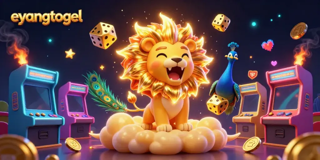 Experience the thrill of eyangtogel with a vibrant 3D illustration of gaming elements and lively characters.