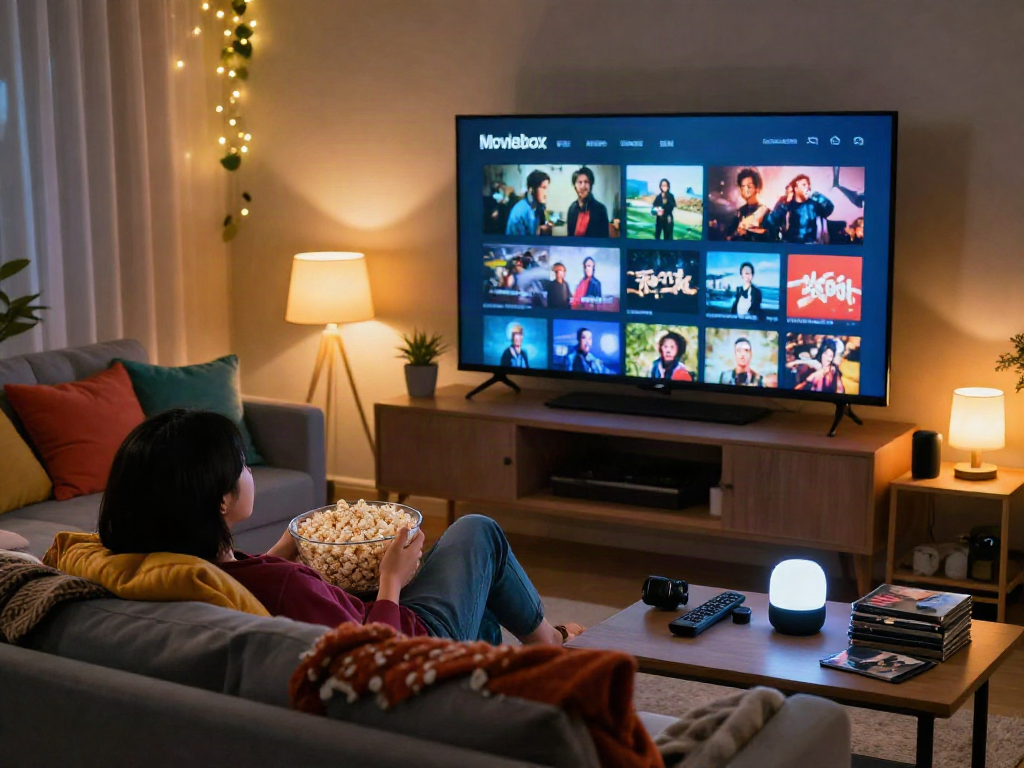 Enjoying a movie night with the Moviebox app on a cozy sofa, popcorn in hand, warm and inviting atmosphere.