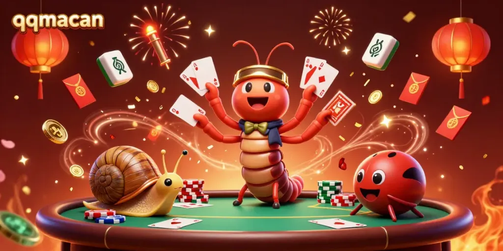 Experience the excitement of qqmacan with vibrant casino characters and colorful elements celebrating together.