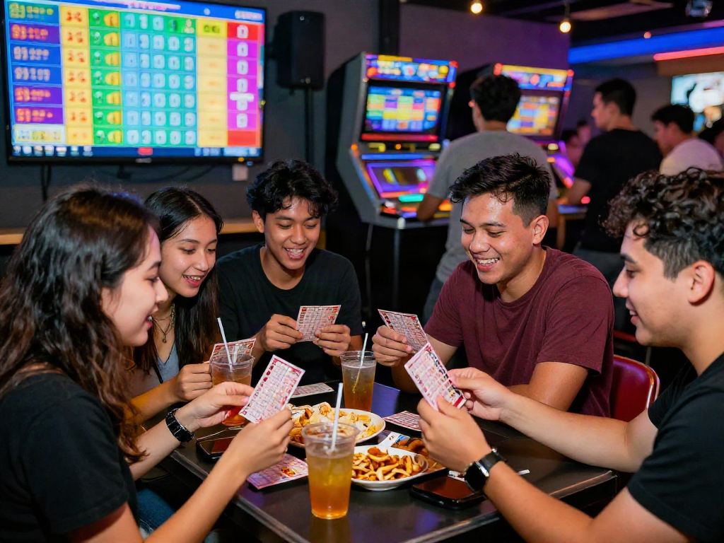 Group of friends enjoying toto 4d lottery experience together with excitement in a vibrant venue.