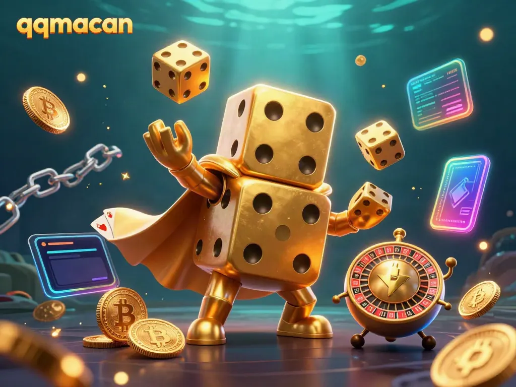 Experience exceptional gaming with qqmacan's vibrant magical scene of a golden dice golem and cryptocurrencies.