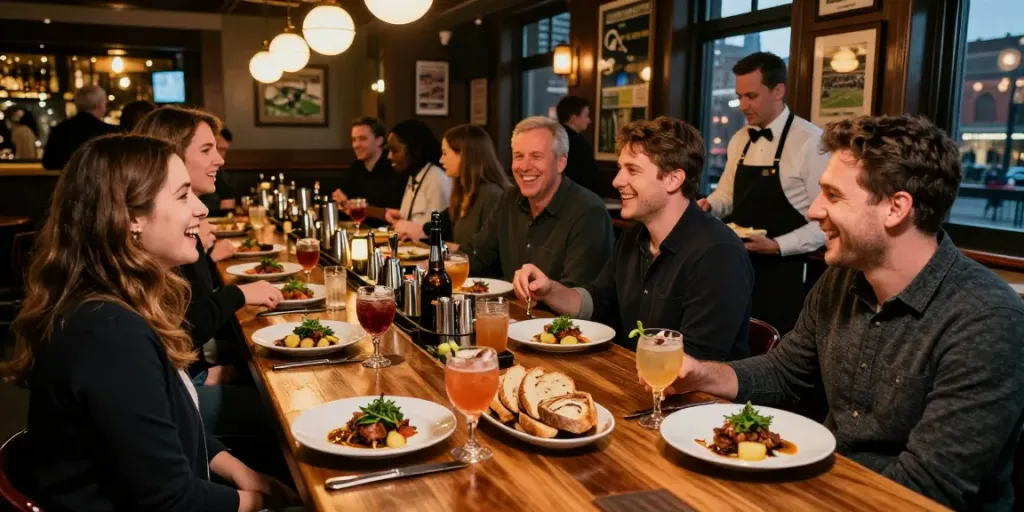 Di dalam The Keg Room NYC, suasana ramai saat pelanggan menikmati makanan dan minuman di bar.